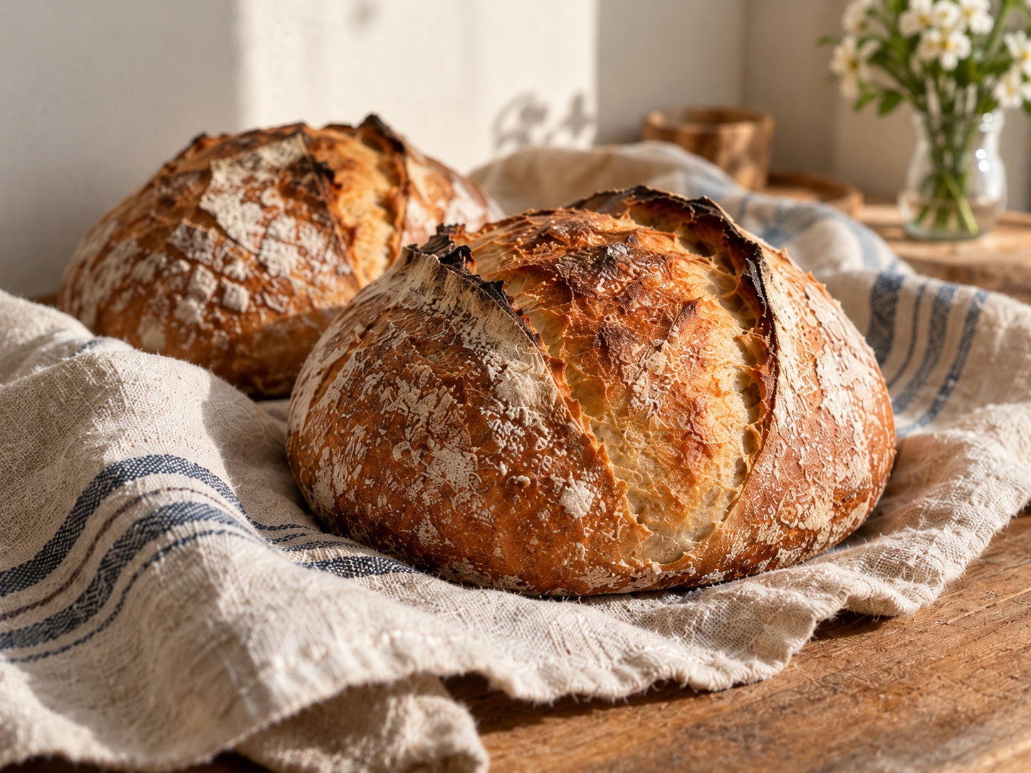 Rustic sourdough loaves in a sunlit bakery.