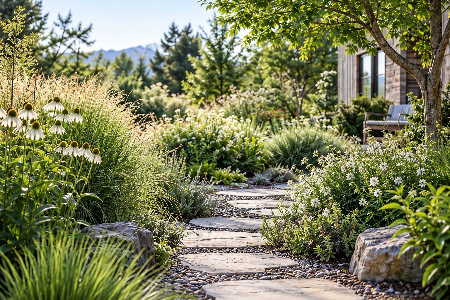 A stone path through a lush garden.