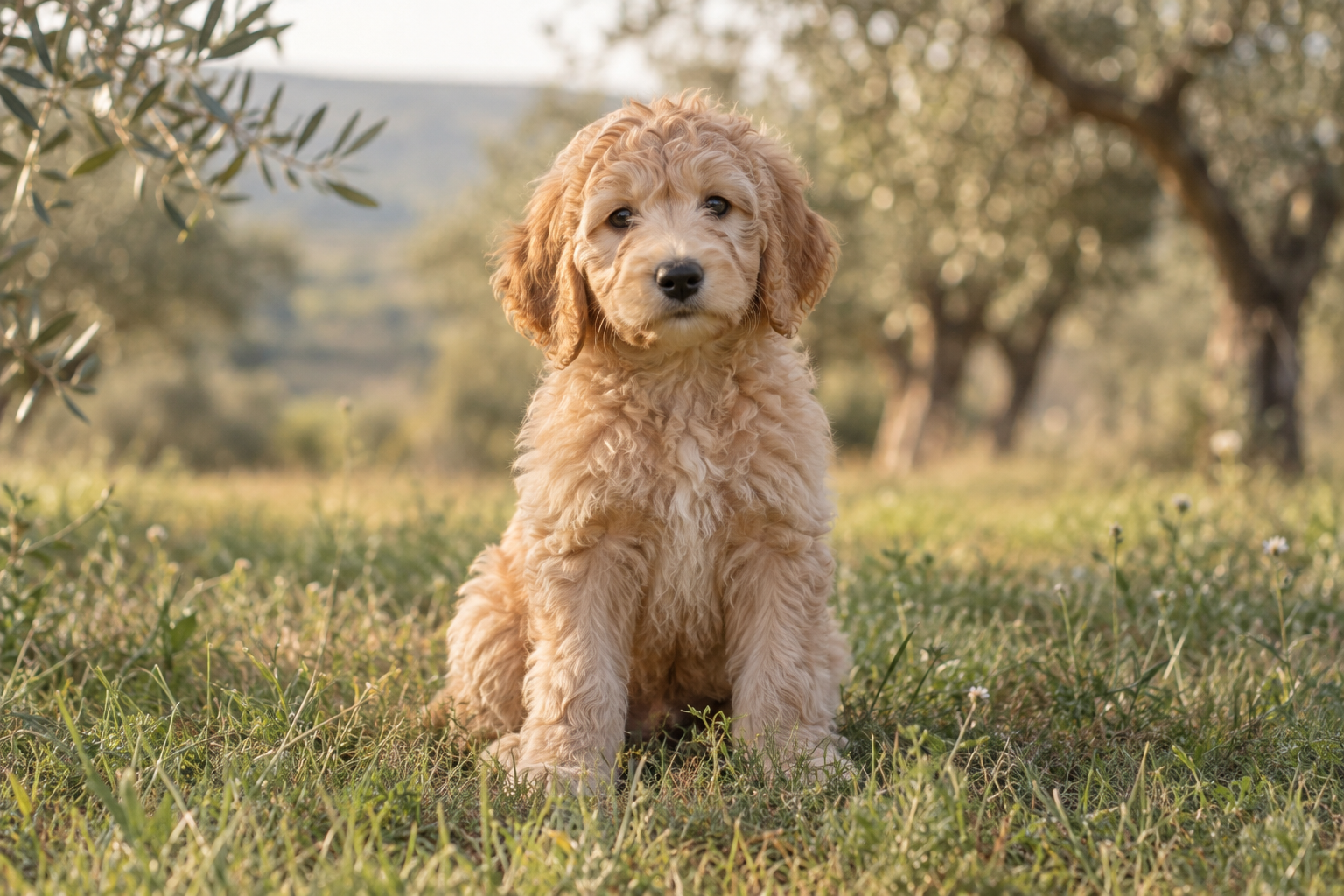 A golden puppy outdoors.